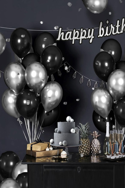 Parti dolabı 25 Adet Metalik Sedefli Siyah-gümüş Gri Karışık Balon Helyumla Uçan