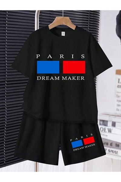 vinraus Girl\Boy Black Paris Dream Maker Printed Combed Cotton Shorts-Tshirt Set