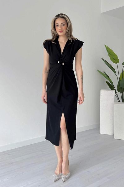 Aventien Rochie midi neagră cu decolteu dublu cu perle