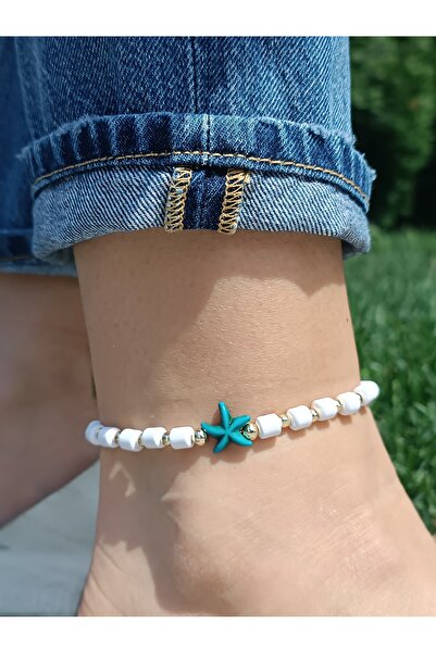 La fee aksesuar خلخال نسائي خلخال من الخرز الأبيض على شكل نجمة البحر الفيروزية