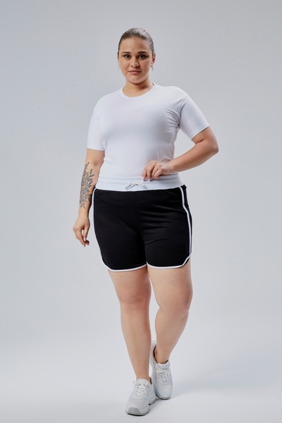 BANEGA Curve Büyük Beden Kadın Biye Detaylı Örme %100 Pamuk Yüksek Bel Siyah Şort& Bermuda