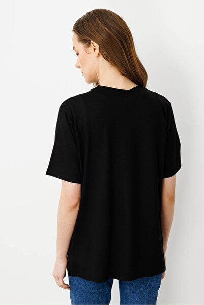 Desen Triko Women's Crew Neck Pocket and Collar Glitter Combed Cotton T-Shirt Black