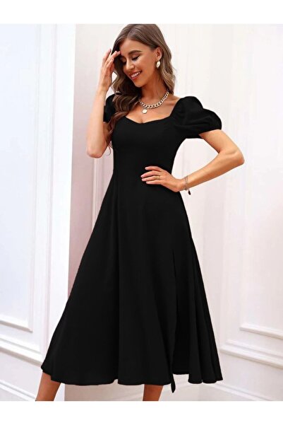 ALPACO Γυναικείο κοντομάνικο τετράγωνο γιακά με σχισμή Midi Janjan Crepe φόρεμα