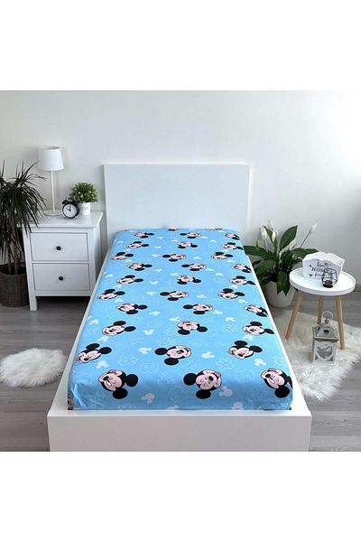 Mickey Mouse Cearceaf, cu margini elastice, multicolor, 100% bumbac, 90x200 cm, Albastru, Mickey Mouse