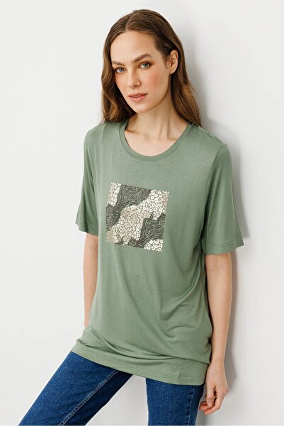 Desen Triko Жіноча футболка з круглим вирізом і камінням на грудях, хакі