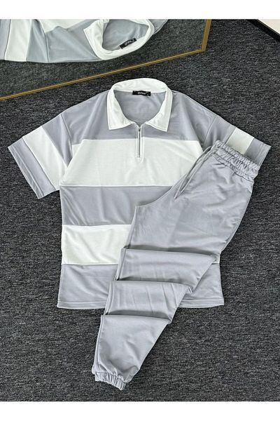 woonkey Unisex Oversized Striped Half Zip Polo Collar Track Suit Cotton Set of 2 New Season