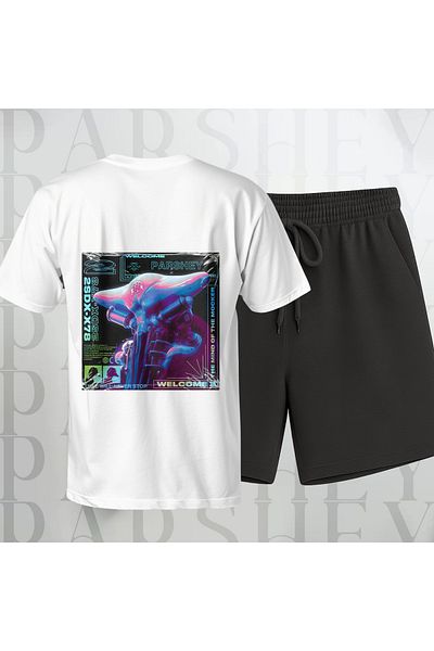 PARSHEY Men - Women Shorts Oversize T-Shirt Team Robot Design Print Crew Neck