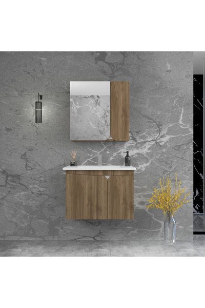ARNETTİ Pavol 80cm Lavabolu Banyo Dolabı Takımı Ceviz Gövde Beyaz Alın - Pavol80