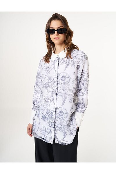 Kayra Floral Patterned Organza Tunic Ecru