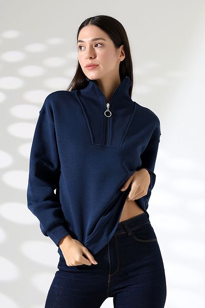 Endies Guler cămașă cu fermoar Oversize Wide Loose Basic Hanorac pentru femei 21971 ALBASTRU ÎNCHIS
