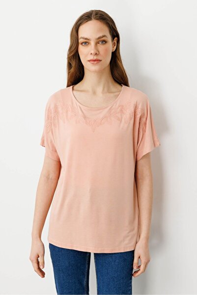 Desen Triko Жіночий футболка з круглим вирізом і вишивкою бісером, лососевого...