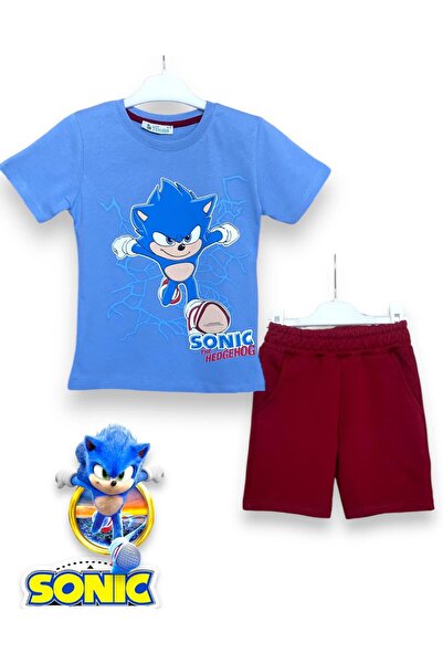 LİTTLE TORTOİSE Хлопчачий комплект з футболкою з принтом Sonic, синього кольору, з коміром-стійкою та шортами з кишенями