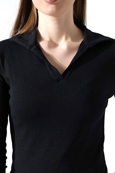 Endies Γυναικείο μπλουζάκι με μακρυμάνικο γιακά χωρίς κουμπιά Basic 21938 ΜΑΥΡΟ