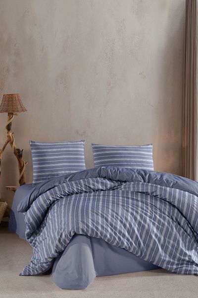 VAROL Set cuvertură dublă cu dungi din satin elastic - ALBASTRU