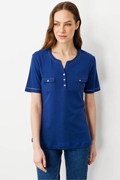 Desen Triko Women's Open Collar Cotton T-Shirt with Front Pocket Navy Blue