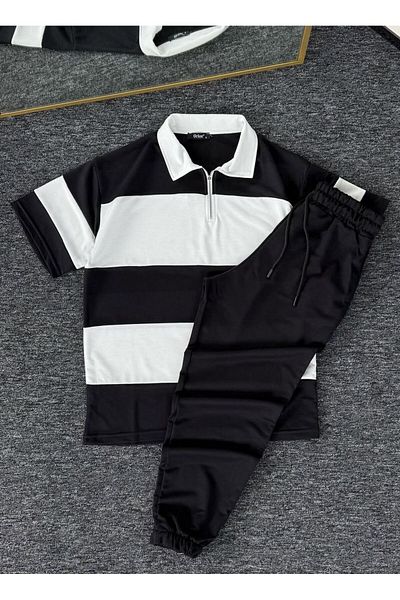 woonkey Unisex Oversized Striped Half Zip Polo Collar Track Suit Cotton Set of 2 New Season