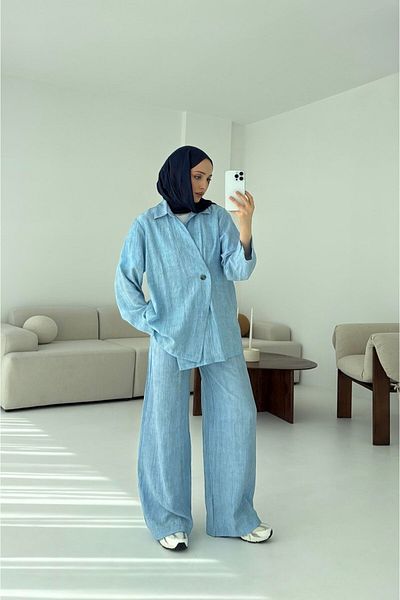 My Blog Blue Button Detail Kimono Set - 8657