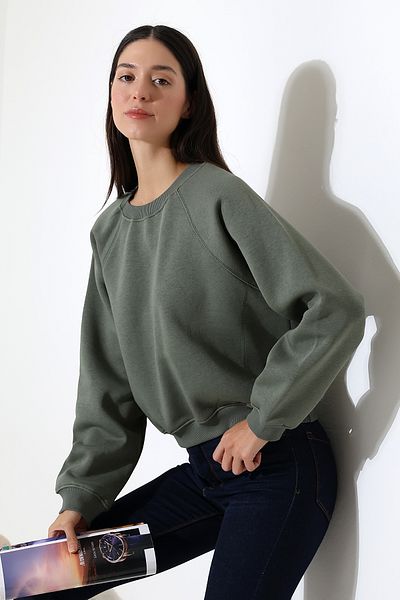 Endies Hanorac de bază pentru femei, cu gât lat, cu mâneci raglan, 21973 KHAKI