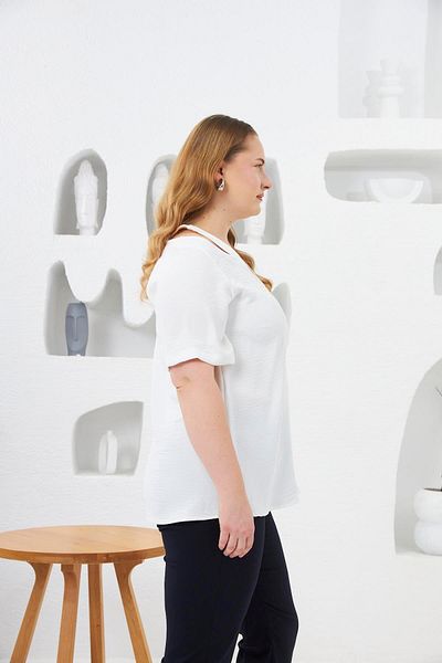 RMG Collar Detailed Large Size Blouse Ecru