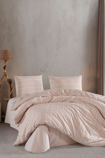 VAROL Set cuvertură dublă cu dungi din satin elastic - BEI