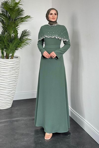 MERVEN AKYÜZ Lenka Zigzag Evening Dress Khaki