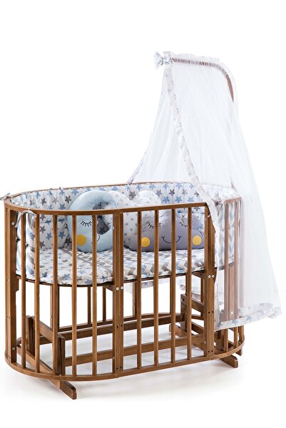 Bamgidoo Ahşap Beşik (BEBEĞİNİZ İLE BÜYÜYEN BEŞİK) Ceviz Mavi Yıldız Uyku Seti Yatak Tekerlekli