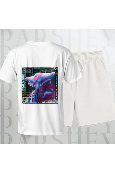 PARSHEY Men - Women Shorts Oversize T-Shirt Team Robot Design Print Crew Neck