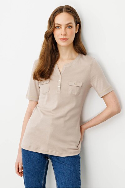 Desen Triko Γυναικείο βαμβακερό μπλουζάκι με ανοιχτό γιακά με τσέπη μπροστά Mink