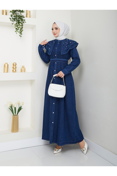 VOLT CLOTHİNG Women's Layered Pearled Denim Dress