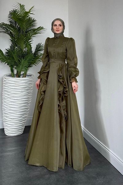 MERVEN AKYÜZ Samira Frilly Janjan Evening Dress Khaki