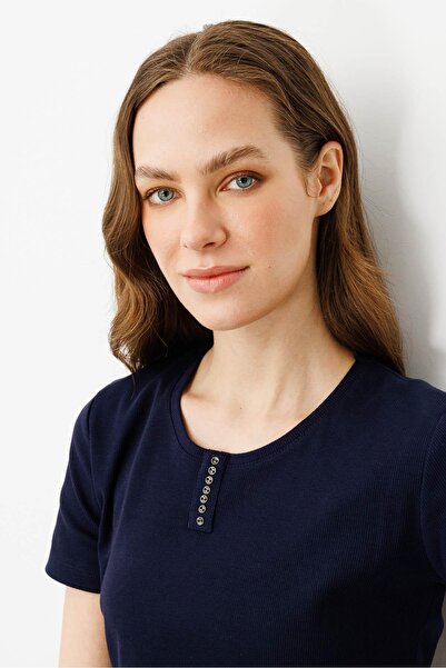 Desen Triko Women's Buttoned Cotton Camisole T-Shirt Navy Blue