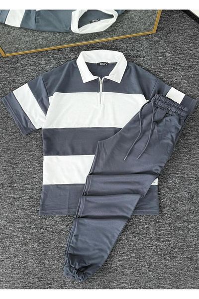 woonkey Unisex Oversized Striped Half Zip Polo Collar Track Suit Cotton Set of 2 New Season