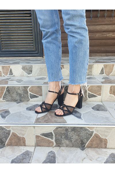 POPULARSHOP Sandale cu toc pentru femei Fahrmaker din piele intoarsa neagra