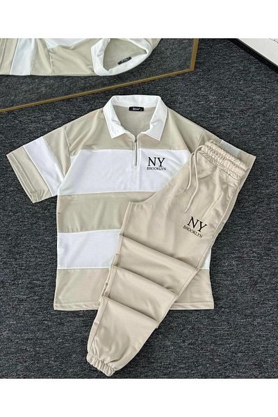 woonkey Unisex Beige Oversize Thick Striped Polo Neck New Season 2 Piece Tracksuit Set