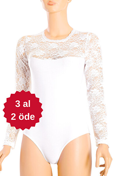 NİSYVE Kadın Pamuklu Uzun Kollu Yaka Dantelli Kancalı Örme Body