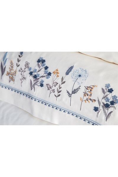 Dantela Veria Embroidered & Handcrafted Cotton Sateen Duvet Cover Set - Navy Blue