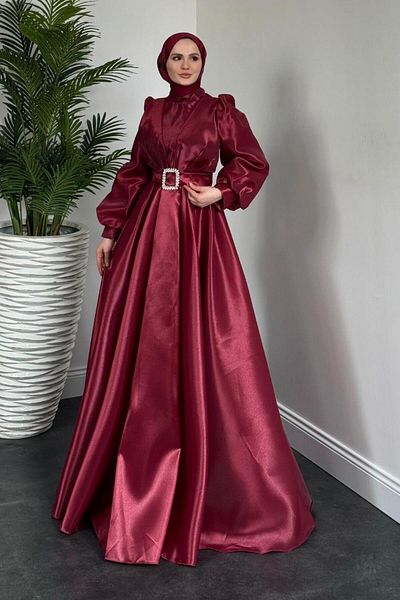 MERVEN AKYÜZ Cleopatra Taffeta Evening Dress Burgundy