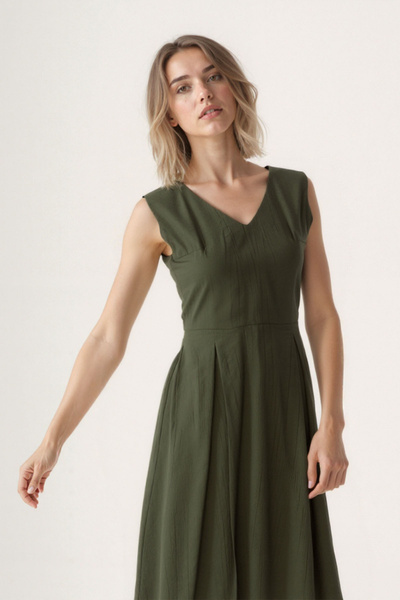 Vitrin V-Neck Belted Crinkle Fabric Midi Dress