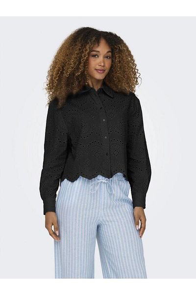 ONLY Women's Long Sleeve Cotton Shirt – Black, Loose Fit, Scallop Detail