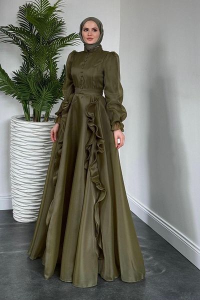 MERVEN AKYÜZ Samira Frilly Janjan Evening Dress Khaki