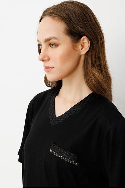 Desen Triko Tricou de damă cu buzunar și guler cu sclipici din bumbac pieptănat negru