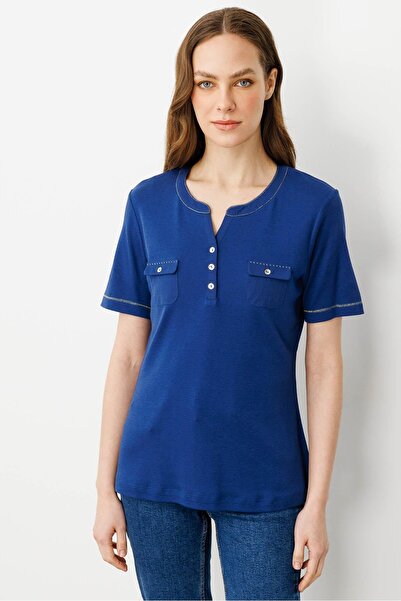 Desen Triko Women's Open Collar Cotton T-Shirt with Front Pocket Navy Blue