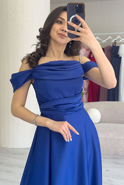 zks grup tekstil Women's Stone Strap Off Shoulder Satin Slit Evening Dress Black, Beige, Indigo, Saks Blue, Emerald Green