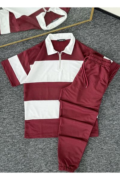 woonkey Unisex Oversized Striped Half Zip Polo Collar Track Suit Cotton Set of 2 New Season