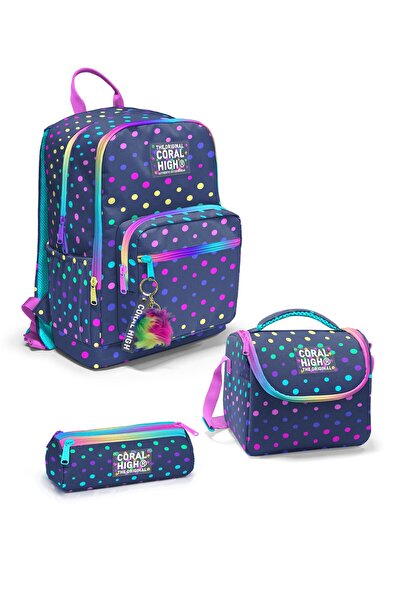 Coral High Set de 3 genți de școală cu buline de culoare bleumarin SET0123672