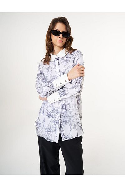 Kayra Floral Patterned Organza Tunic Ecru