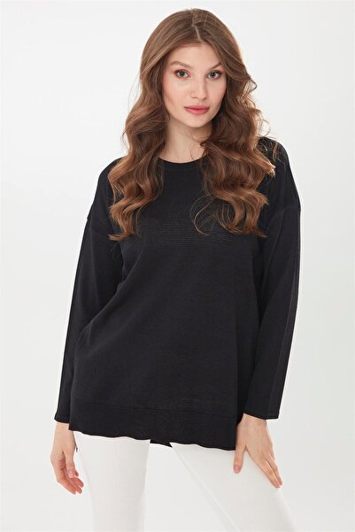 Desen Triko Kadın Yazlık Triko Bluz Siyah