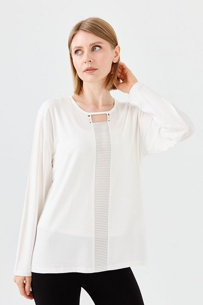 Desen Triko Women's Crew Neck Front Window Combed Cotton Blouse Bone