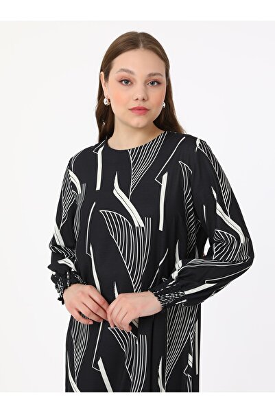 ALİA Plus Size Geometric Printed Woven Dress - Black - Alia