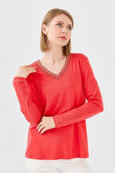 Desen Triko Women's V-Neck Colorful Embroidered Cotton Blouse Coral